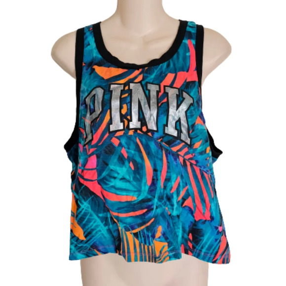 Victoria’s Secret Pink Multicolor Tropical Floral Logo Tank Top Size Women’s Med - Picture 1 of 11